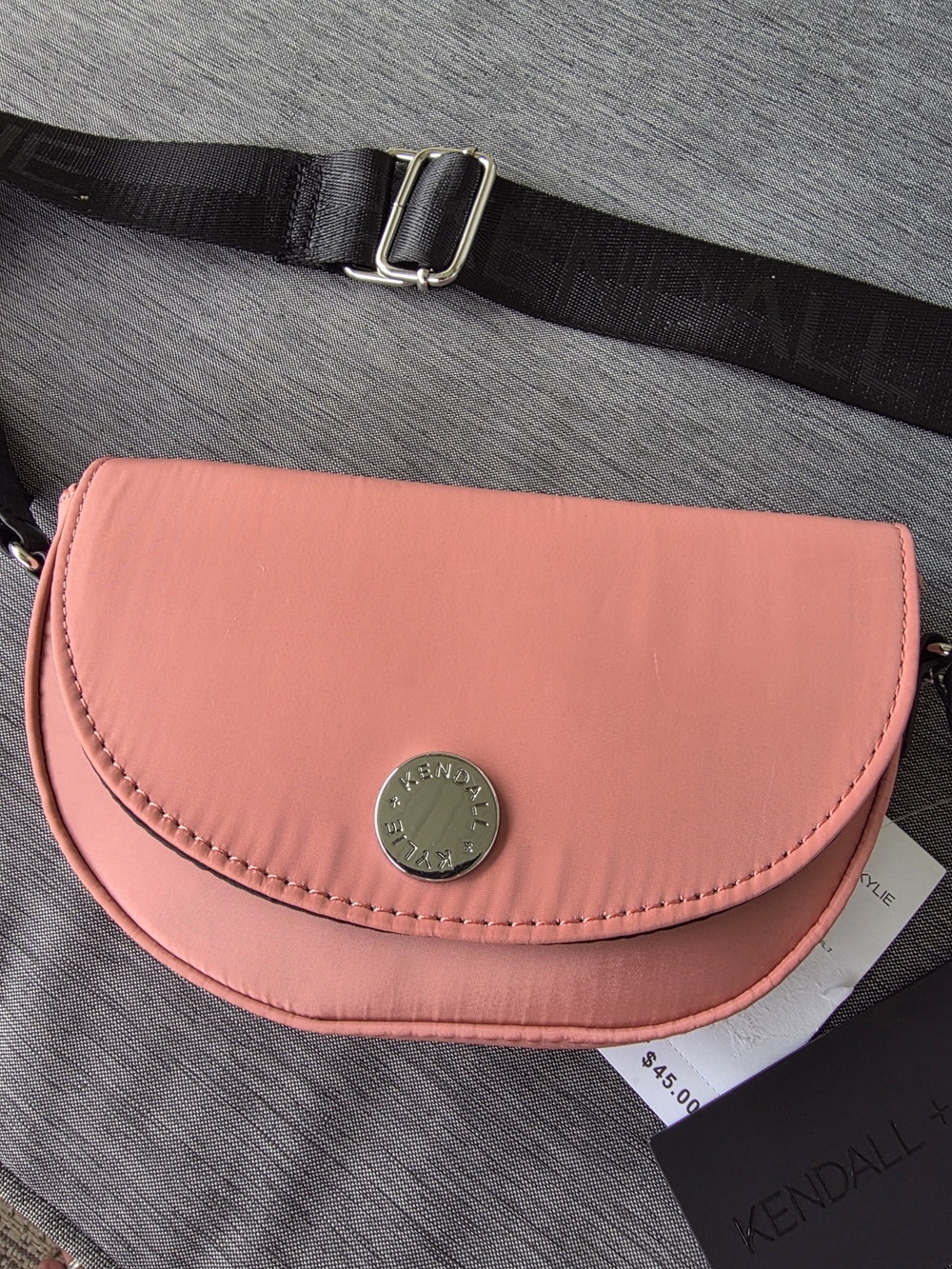 Kendall & Kylie Pink Crescent Crossbody with Black Strap